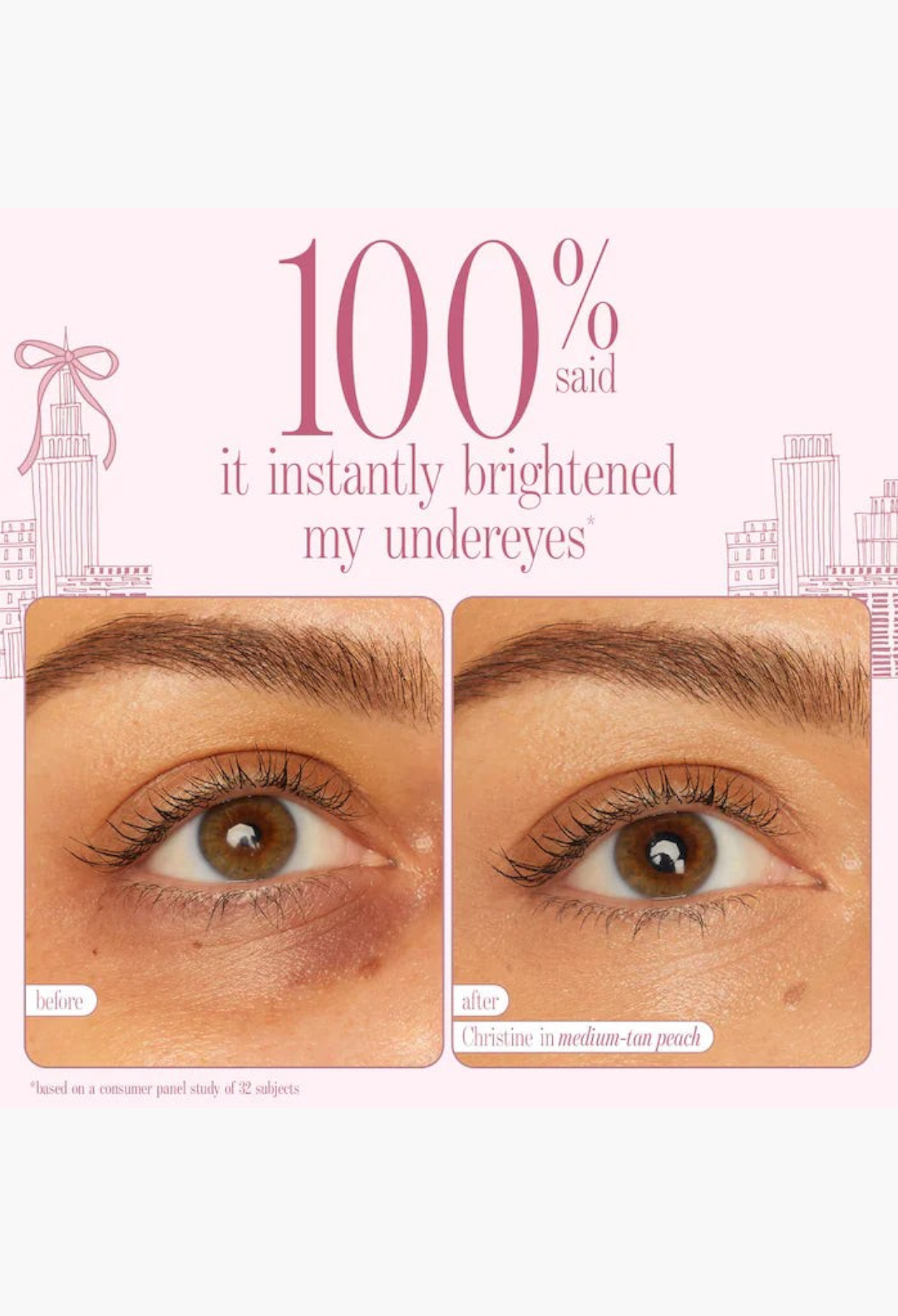 GLAM MODA before and after comparison showing instant brightening effect of CC undereye corrector on skin