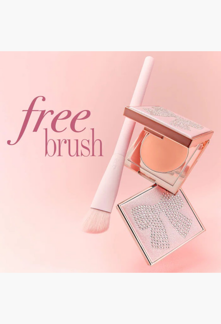 GLAM MODA face card never declines CC undereye corrector in diamond-studded compact with matching pink makeup brush