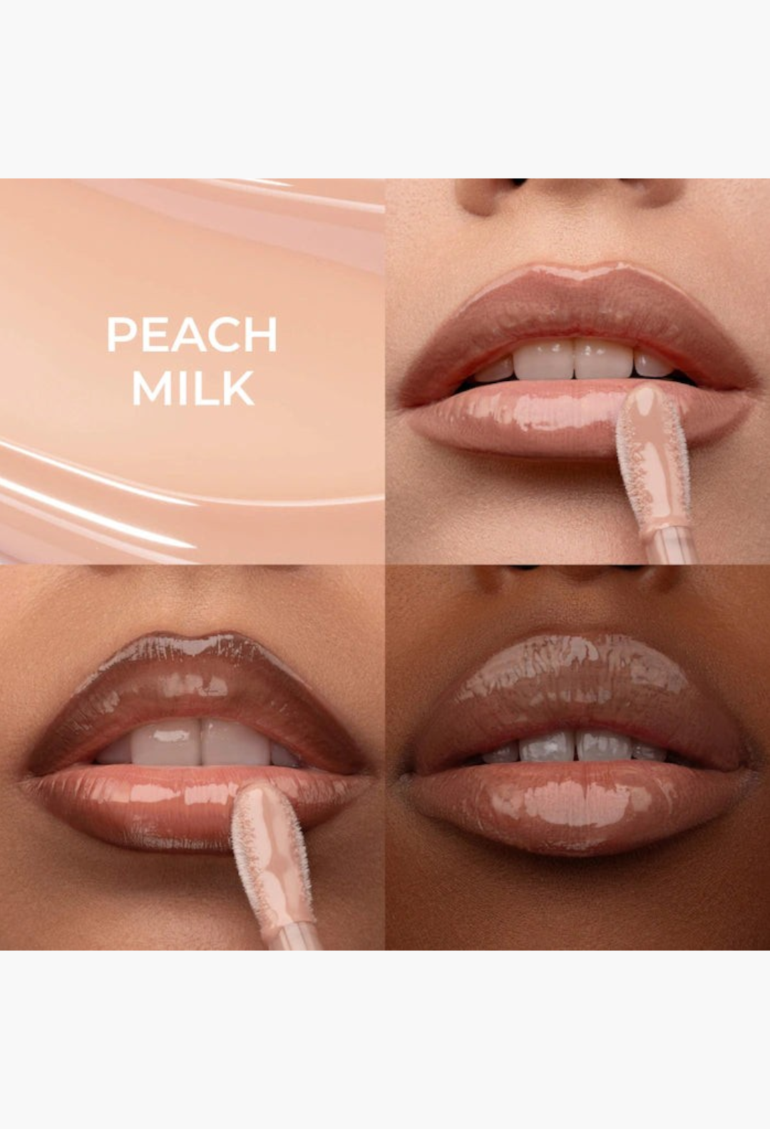 GLAM MODA HY-GLOSS Milky Tinted Lip Gloss Balm in Peach Milk shade with a high-shine, semi-sheer finish on lips.