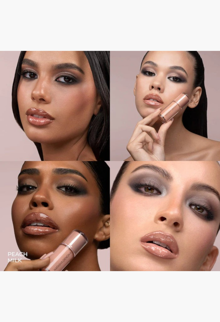 GLAM MODA HY-GLOSS milky tinted lip gloss balm on diverse models with high-shine, hydrating, and cushiony finish.