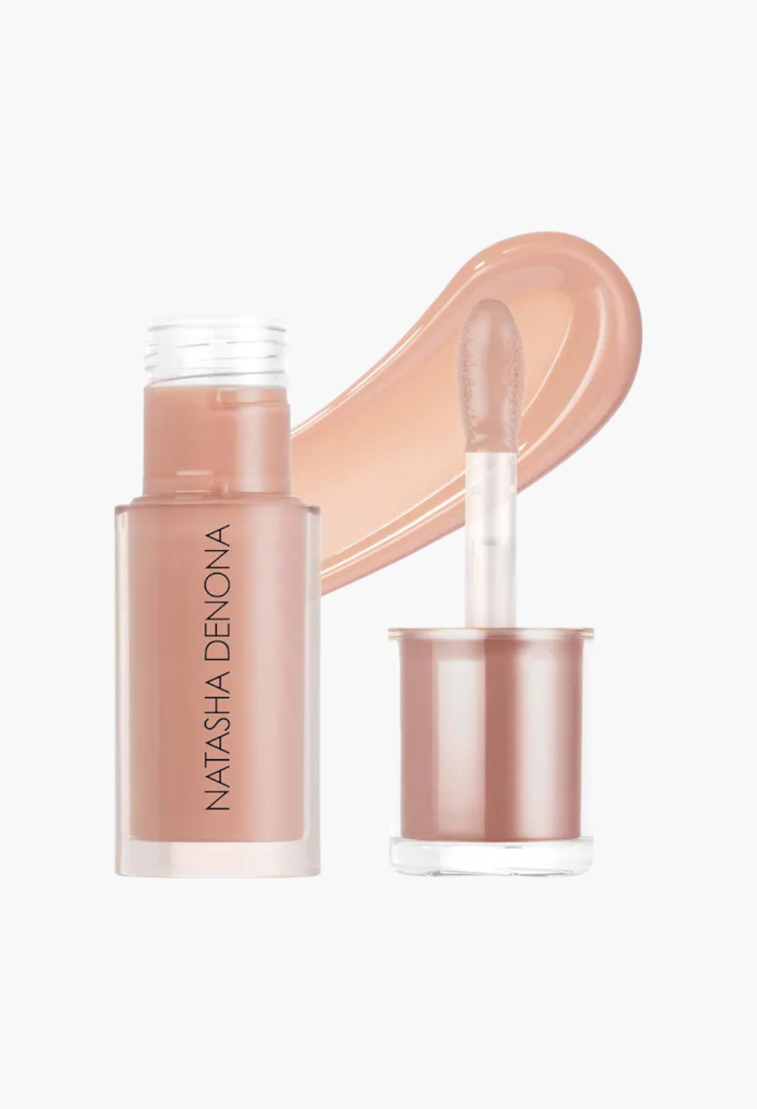GLAM MODA HY-GLOSS milky tinted lip gloss balm in a soft nude shade with a doe-foot applicator and glossy swatch.