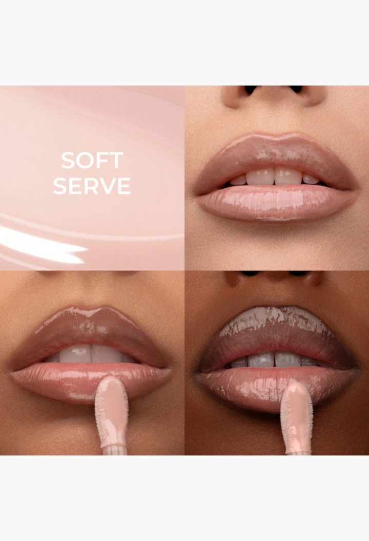 GLAM MODA HY-GLOSS Milky Tinted Lip Gloss Balm in Soft Serve shade showing a high-shine finish on diverse skin tones.