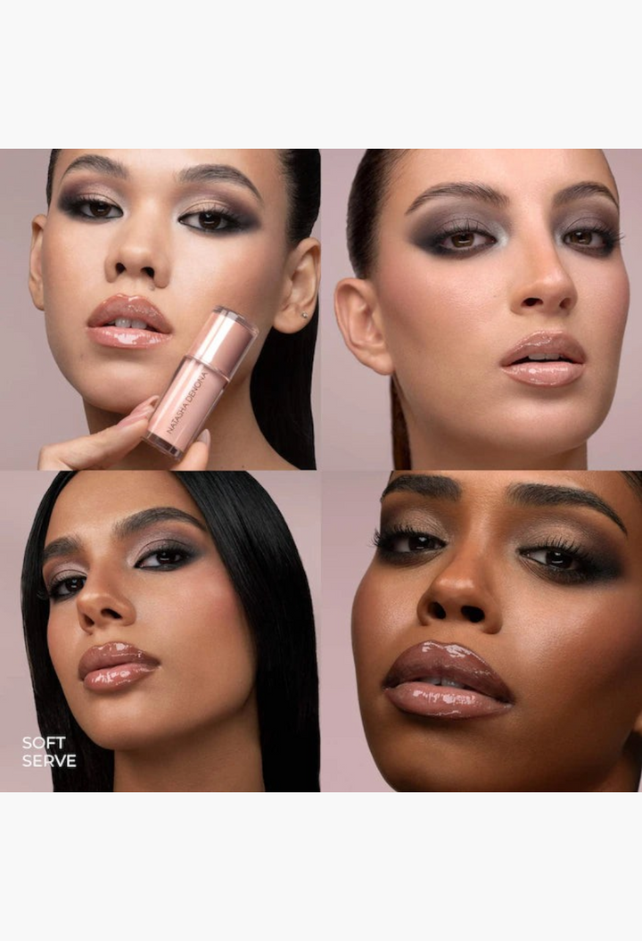 GLAM MODA HY-GLOSS milky tinted lip gloss balm on diverse models showing high-shine finish and creamy texture