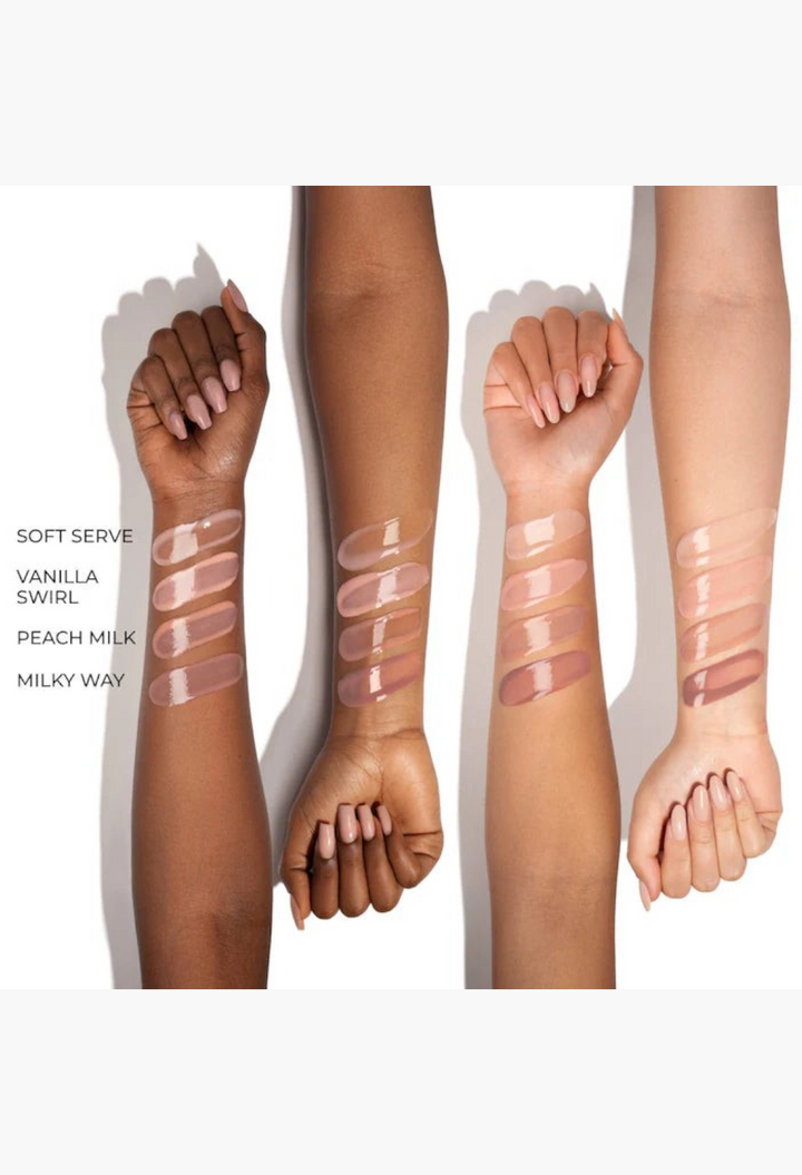 GLAM MODA HY-GLOSS milky lip balm swatches in four shades on diverse skin tones showing high-shine finish
