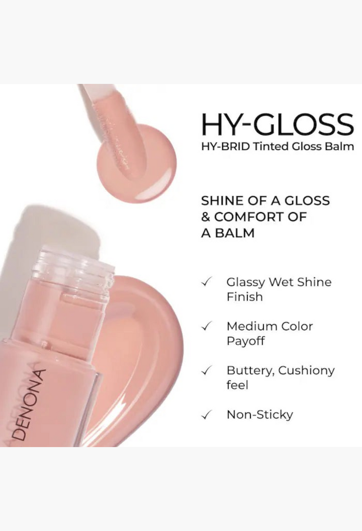 GLAM MODA HY-GLOSS milky tinted lip gloss balm in a soft pink shade with a doe-foot applicator and glossy texture.