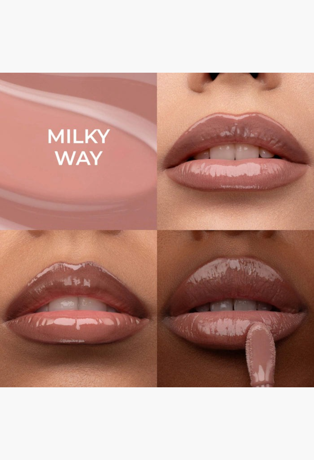 GLAM MODA HY-GLOSS Milky Tinted Lip Gloss Balm in Milky Way shade showing a high-shine, hydrating lip finish.