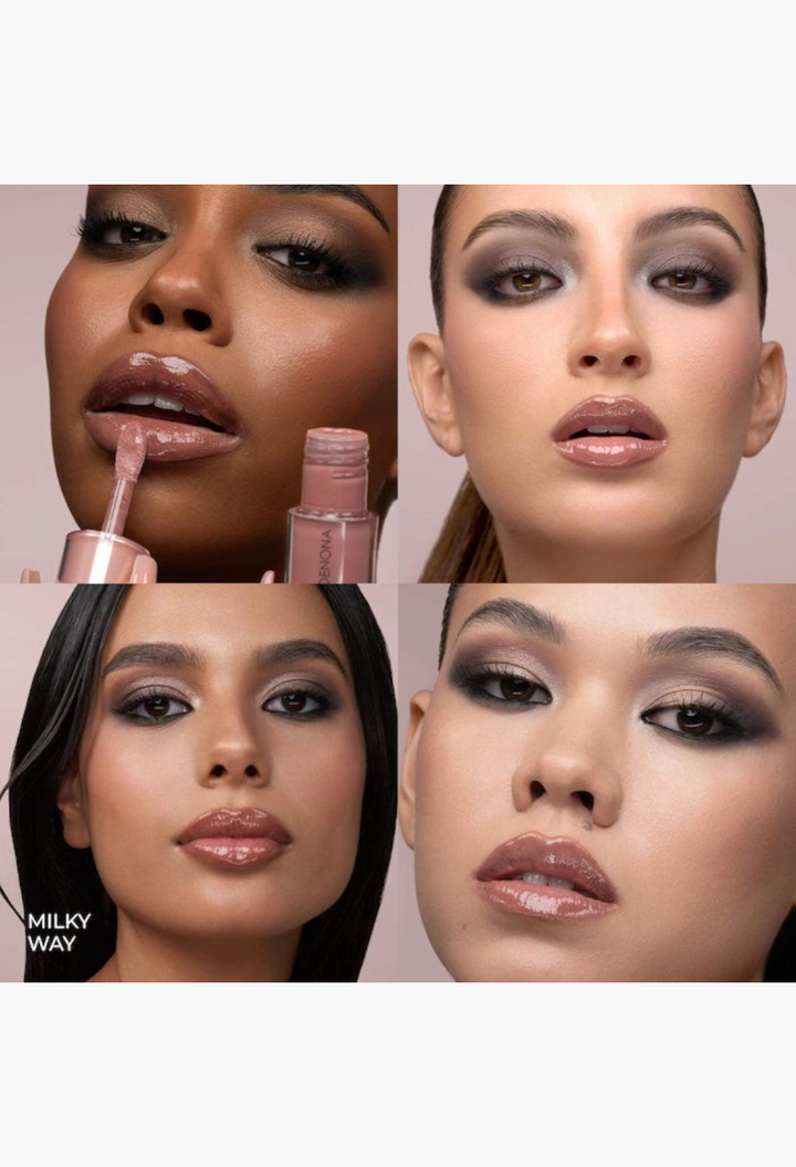 GLAM MODA HY-GLOSS Milky Tinted Lip Gloss Balm on diverse models showing a high-shine, hydrating, semi-sheer finish.