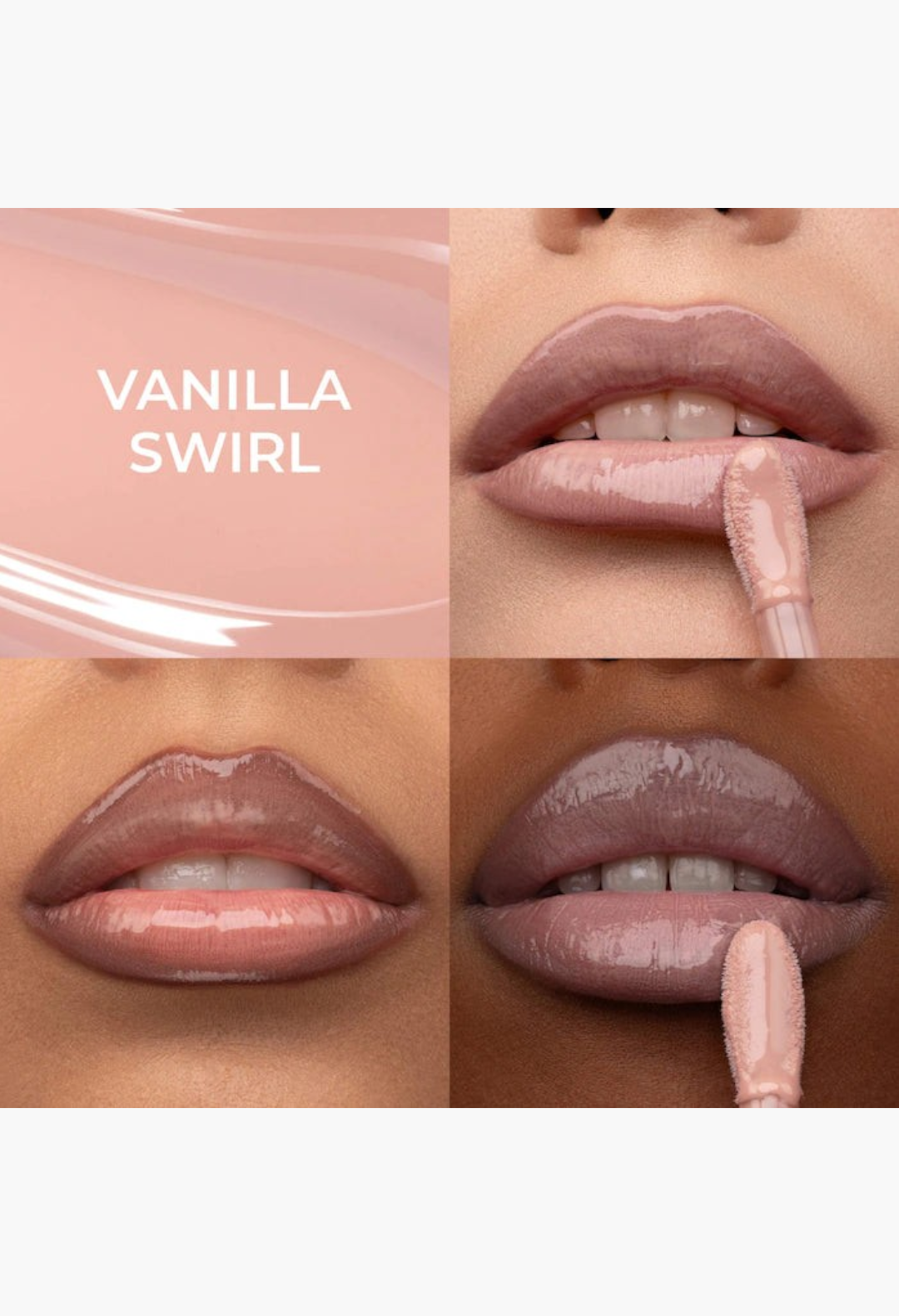 GLAM MODA HY-GLOSS Milky Tinted Lip Gloss Balm in Vanilla Swirl shade showing high-shine finish on different skin tones