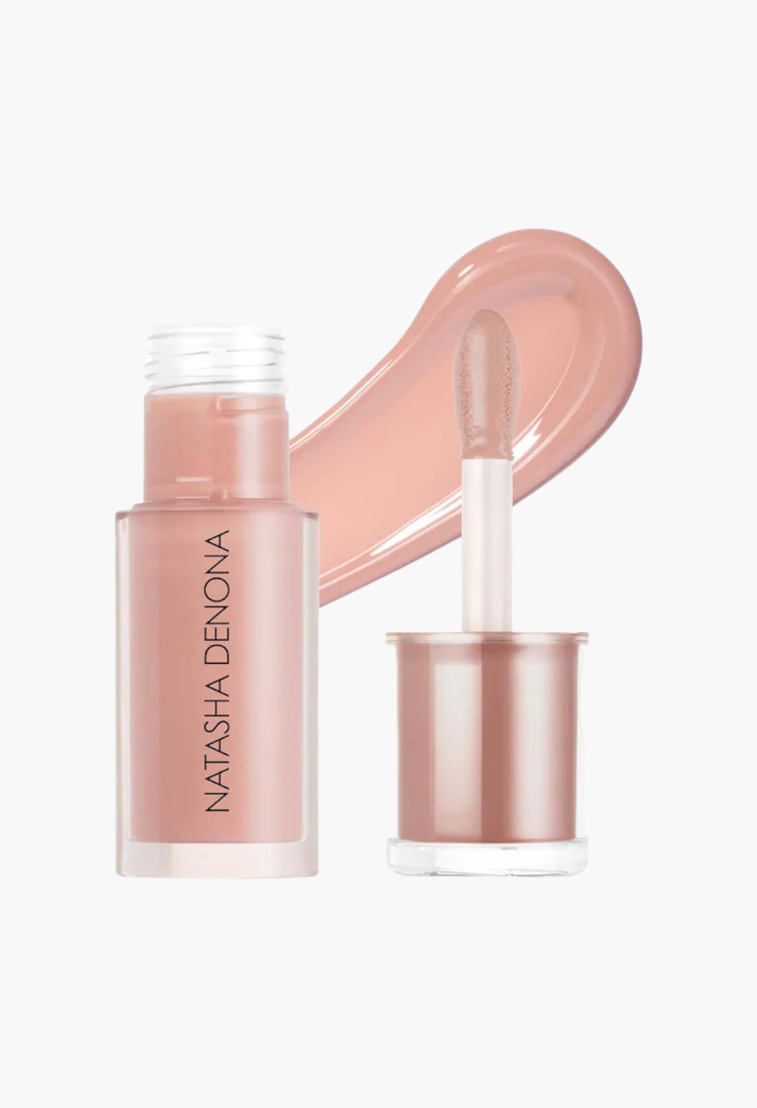 GLAM MODA HY-GLOSS milky tinted lip gloss balm in a soft nude shade with a high-shine applicator and product swatch.