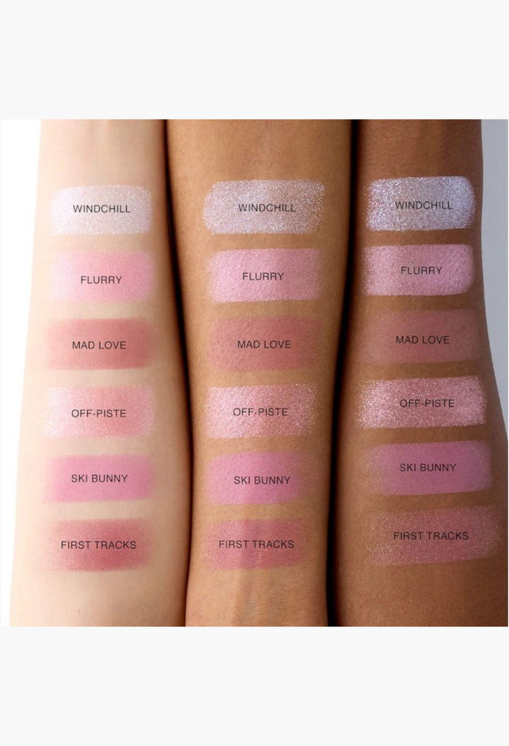 GLAM MODA Alpine Rush cheek palette swatches showing six blush and highlighter shades on three different skin tones.