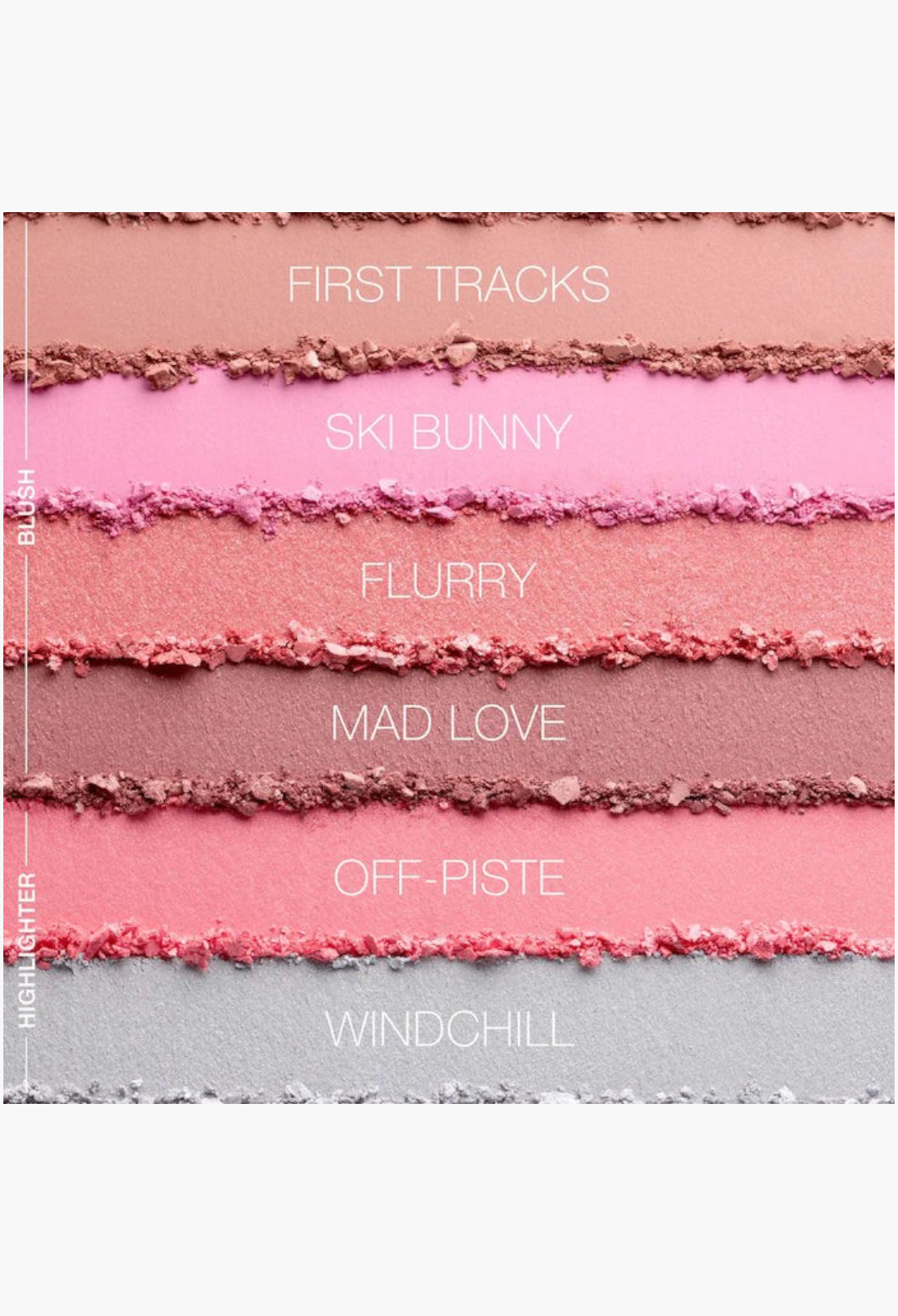 GLAM MODA Alpine Rush cheek palette swatches showing six matte and shimmer blush and highlighter powder shades.