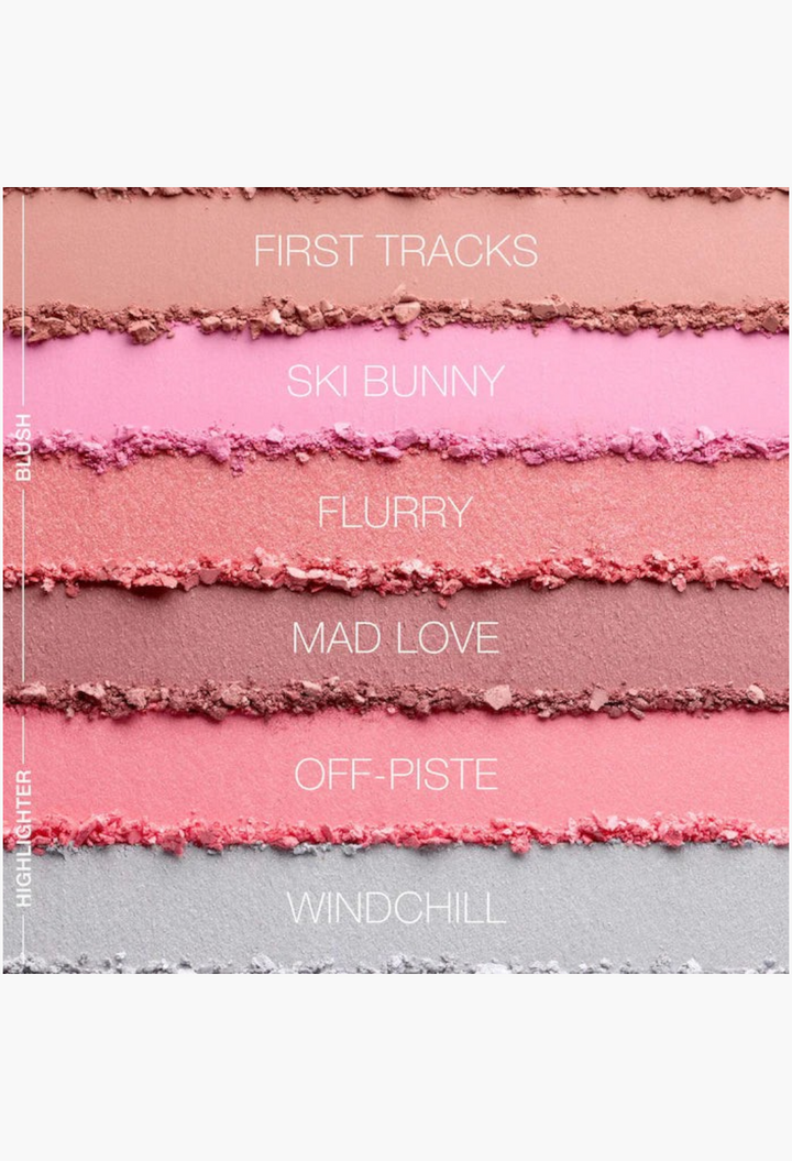 GLAM MODA Alpine Rush cheek palette swatches showing six matte and shimmer blush and highlighter powder shades.