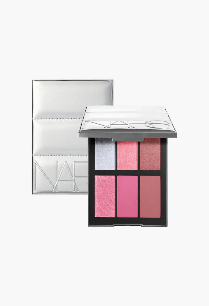 GLAM MODA Alpine Rush six-pan cheek palette featuring iridescent highlighters and rosy pink matte and shimmer blushes.