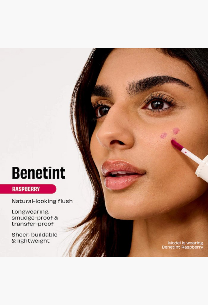 GLAM MODA model applying raspberry Benetint lip and cheek stain for a natural, buildable flush