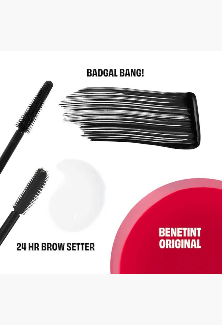 GLAM MODA makeup set featuring black mascara, clear brow gel, and raspberry lip and cheek tint swatches