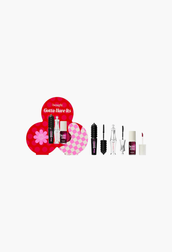 GLAM MODA Gotta-Have-Its gift set featuring Benefit Benetint, BADgal BANG! mascara, 24-HR Brow Setter, and clay mask.