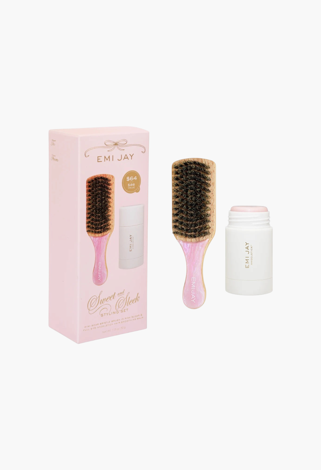 GLAM MODA Sweet and Sleek styling gift set featuring a pink mini boar bristle brush and Angelstick hair smoothing balm