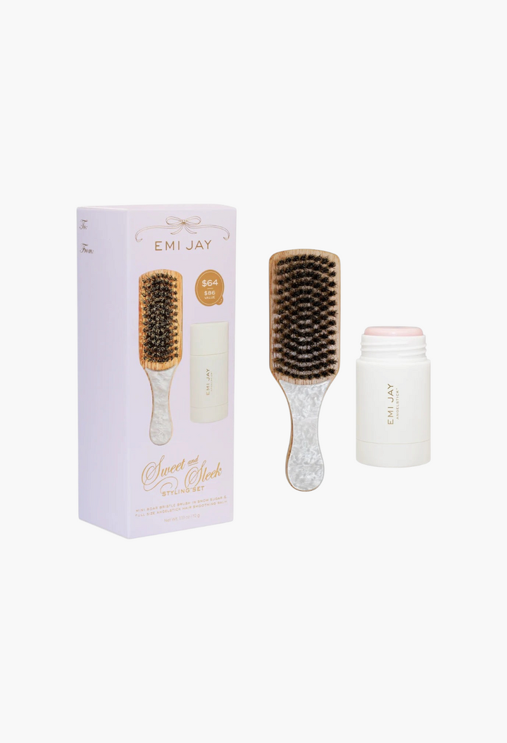 GLAM MODA Sweet and Sleek hair styling gift set featuring a mini boar bristle brush and Angelstick smoothing balm.