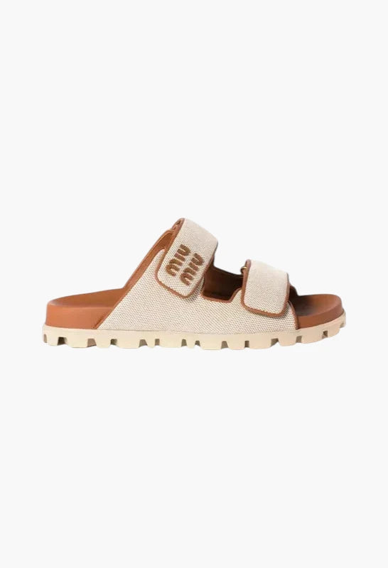 Beige/Brandy - Canvas And Leather Mules