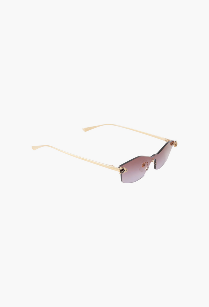 GLAM MODA Panthère de Cartier D-frame sunglasses in gold-tone metal with purple gradient lenses and panther detail.