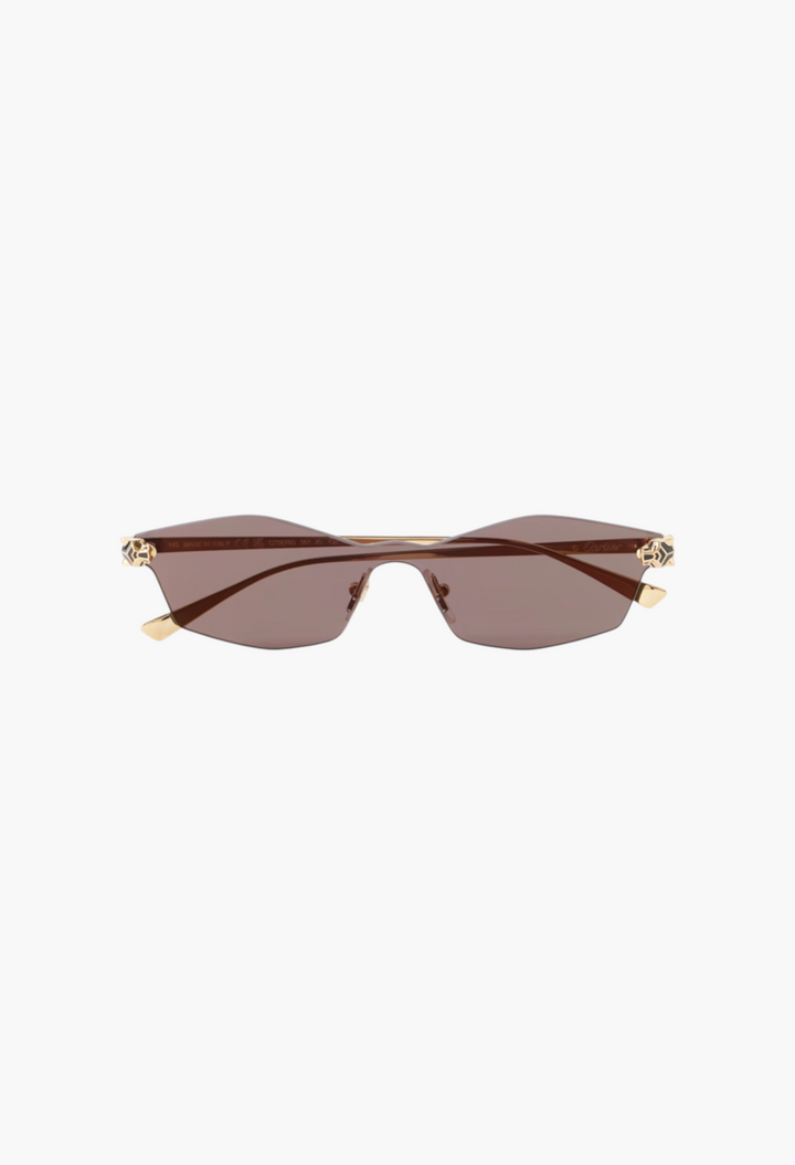 GLAM MODA Cartier Panthère D-frame sunglasses with gold-tone metal frames and purple tinted lenses.