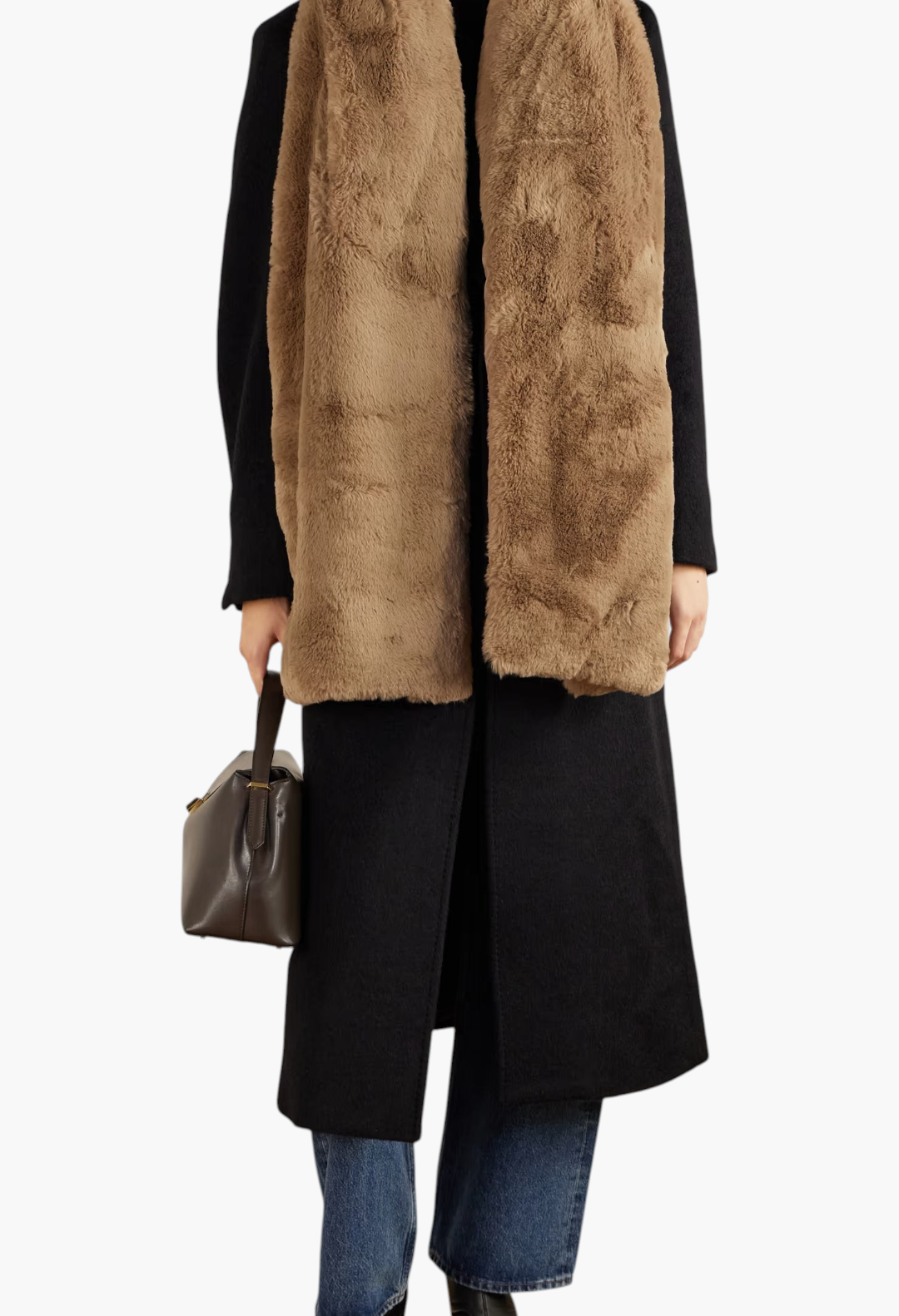 GLAM MODA Piacere plush brown faux fur scarf with quilted shell reverse worn over a black coat