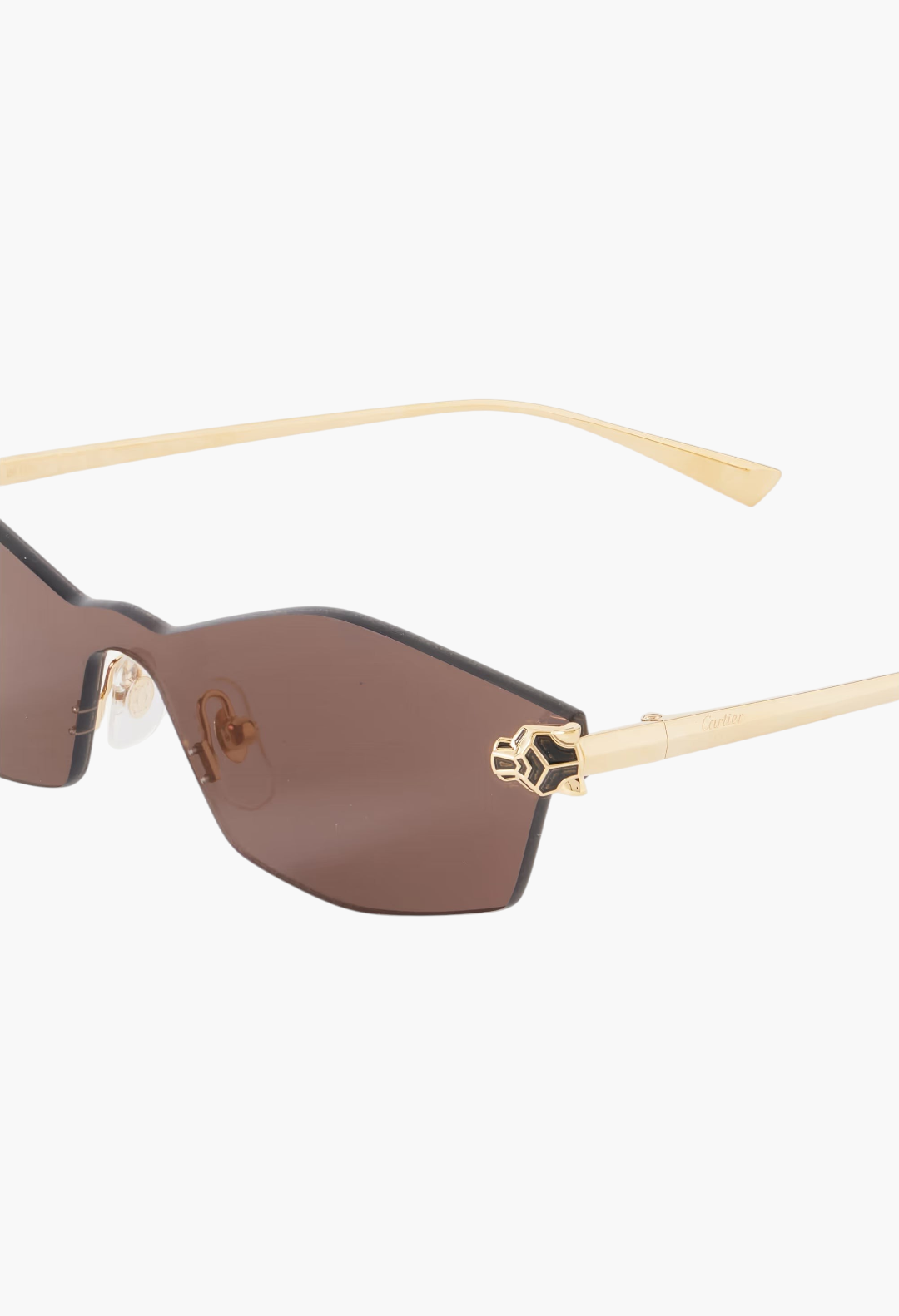 GLAM MODA Panthère de Cartier D-frame sunglasses in gold-tone metal with purple tinted lenses and panther detail.