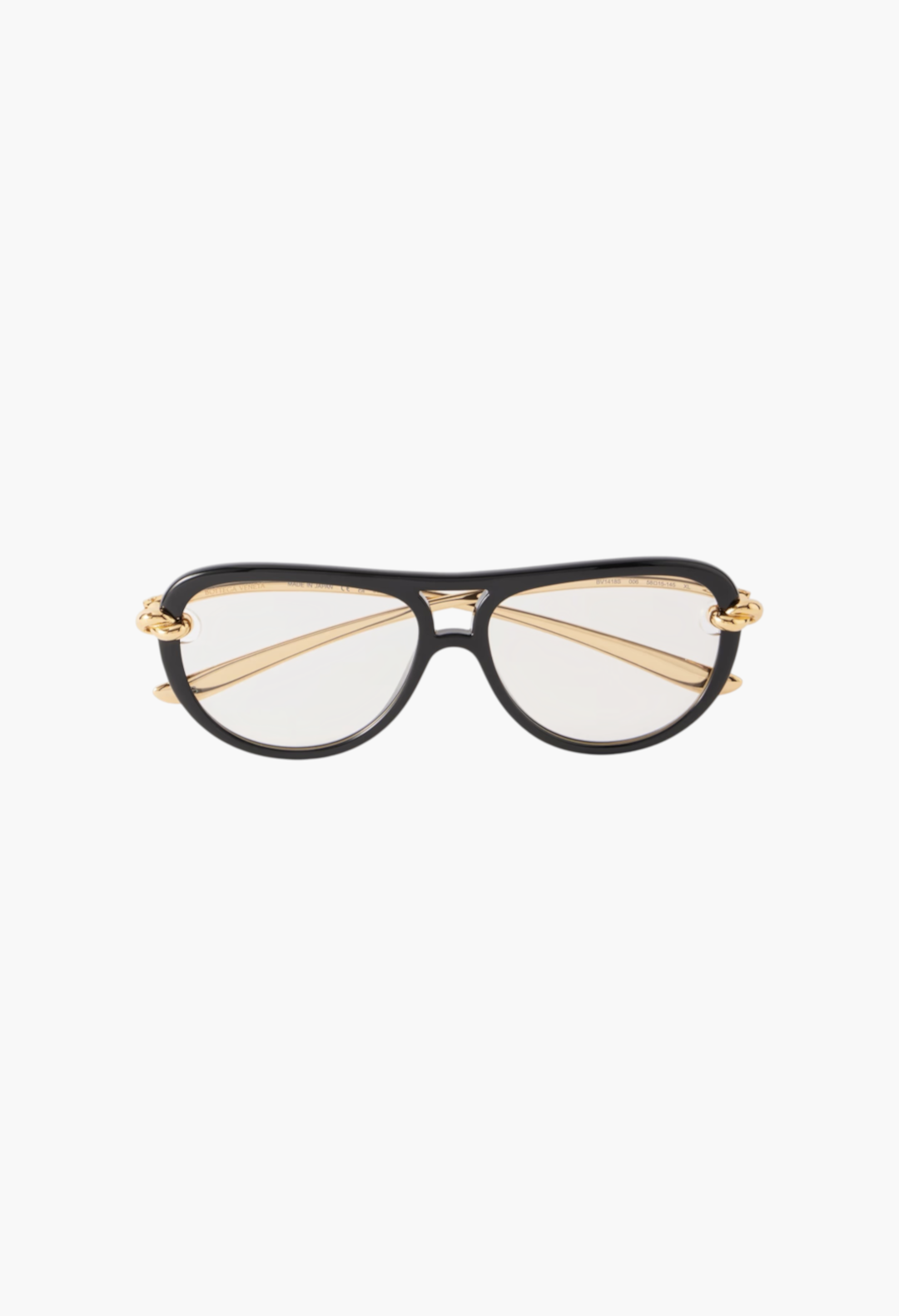 GLAM MODA Bottega Veneta New Knot aviator sunglasses with black frames and gold-tone twisted metal temple details.