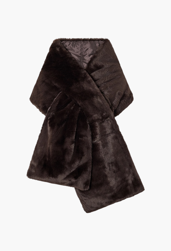 GLAM MODA Piacere dark brown plush scarf with quilted shell reverse and slot-through bow fastening