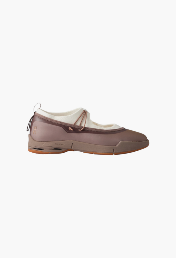 GLAM MODA brown mesh Cloudnova Moon Mary Jane sneakers by On featuring a sculpted rubber sole and elastic straps.